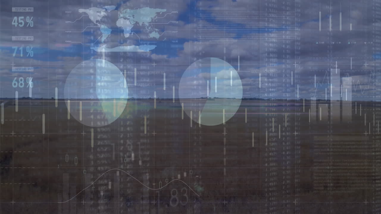 Animation of financial data processing over landscape background
