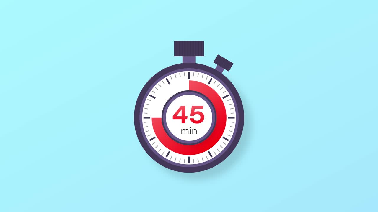 The 45 minutes timer. Stopwatch icon in flat style. Motion graphics.