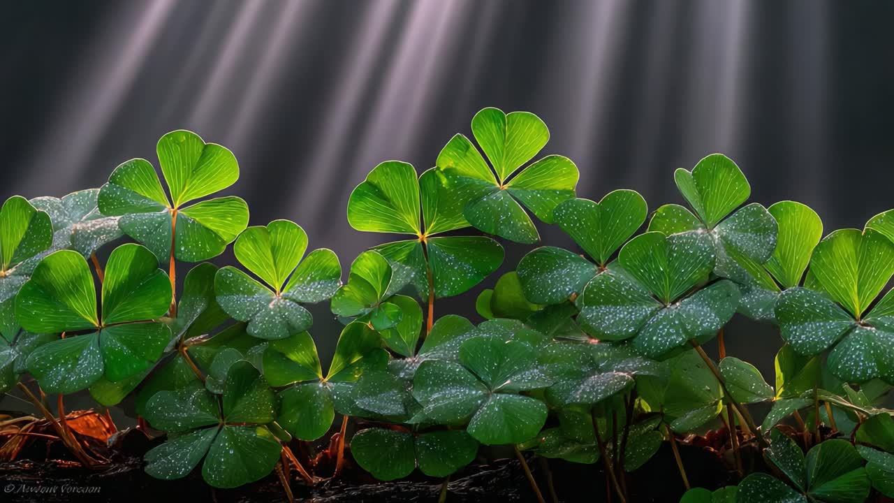 Splendida vista di foglie di trifoglio verde bagnate di rugiada, illuminate da morbidi raggi di luce, che creano un'atmosfera naturale serena in un ambiente tranquillo.