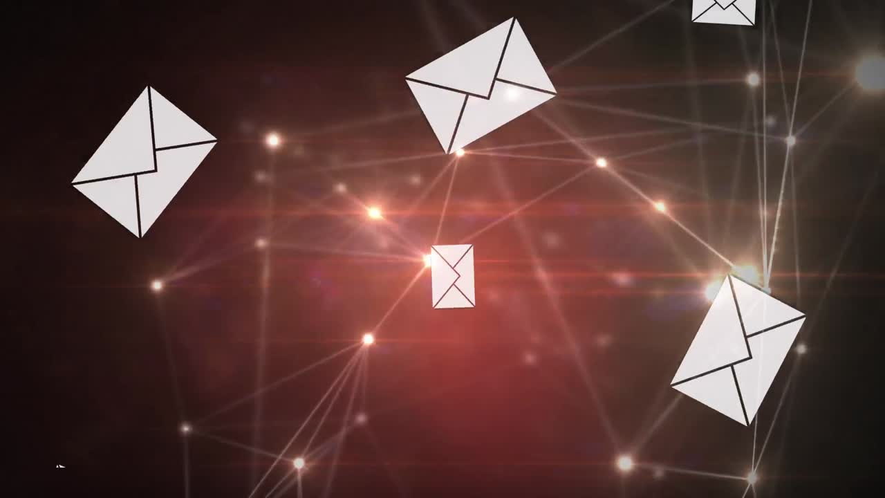 iconos de mensajes volando en una red de luces brillantes