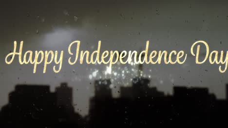 animation of happy independence day with fireworks and cityscape