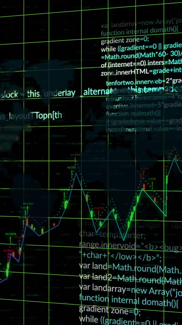 Animation of financial data processing over grid on dark background