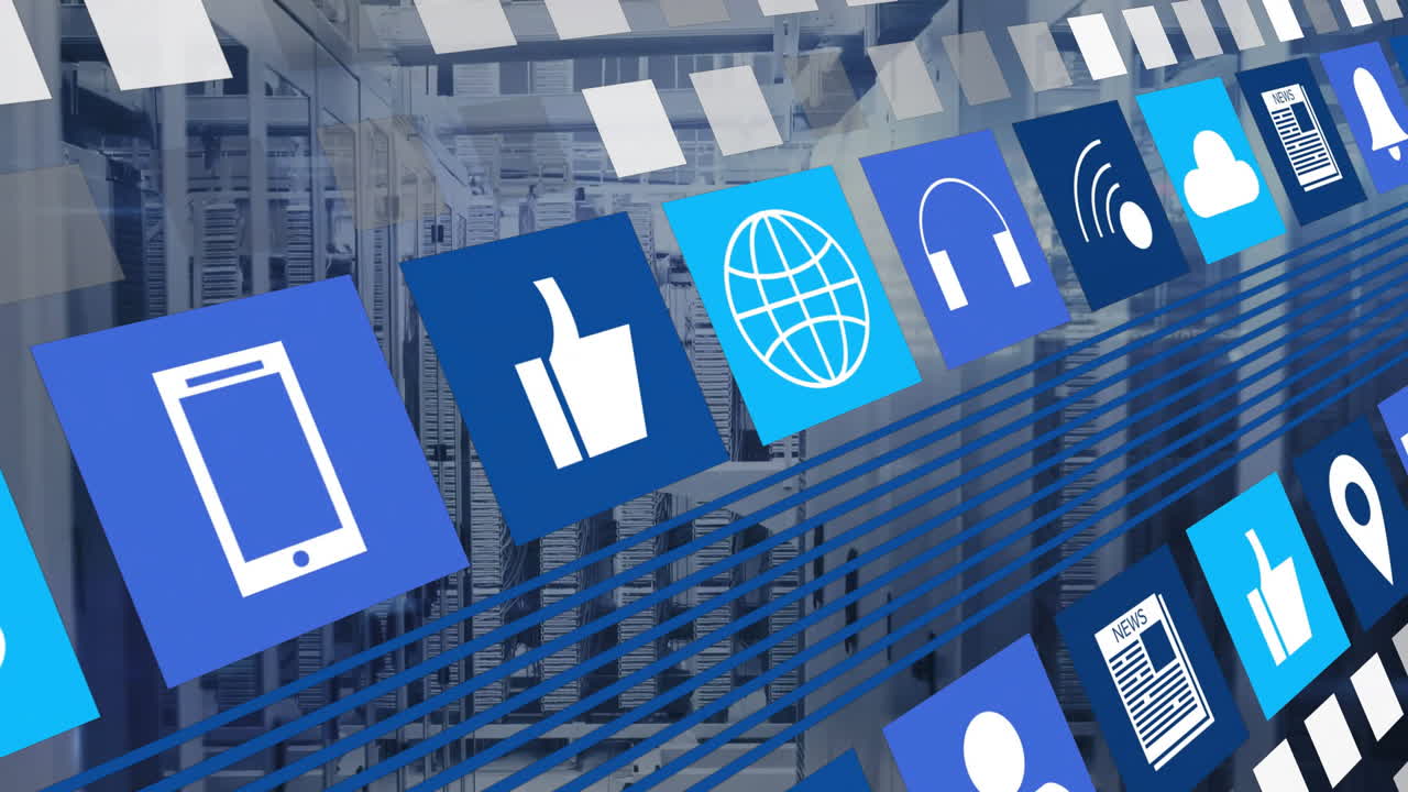 디지털 아이콘의 애니메이션과 컴퓨터 서버를 통한 데이터 처리