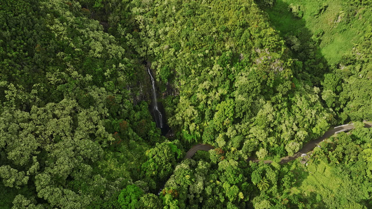 maui hawaii aerial v3 birds eye view drone flyover wailua falls, se inclina hacia arriba capturando el paisaje natural de la reserva forestal de hana y las vistas de la isla de pailoa point - filmadas con mavic 3 cine - diciembre 2022