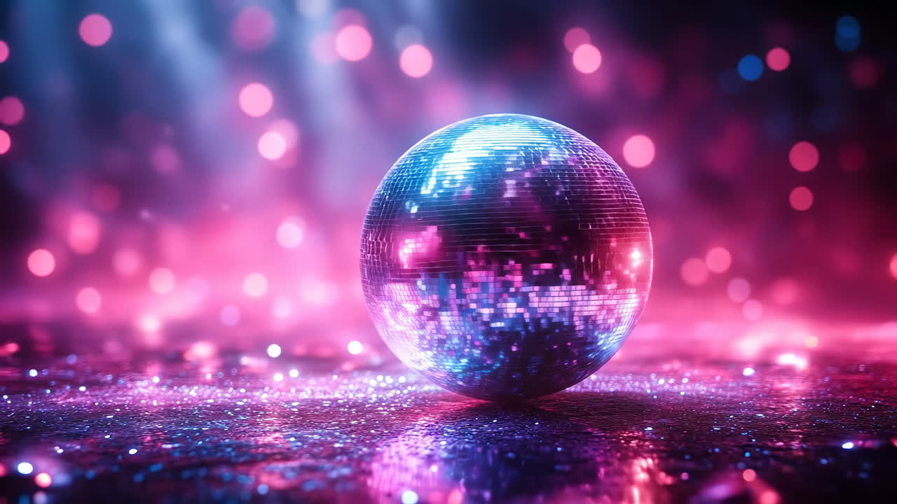 Disco ball shining bright colors. A disco ball sits at the center, reflecting bright lights and colors in a party atmosphere, creating a lively scene