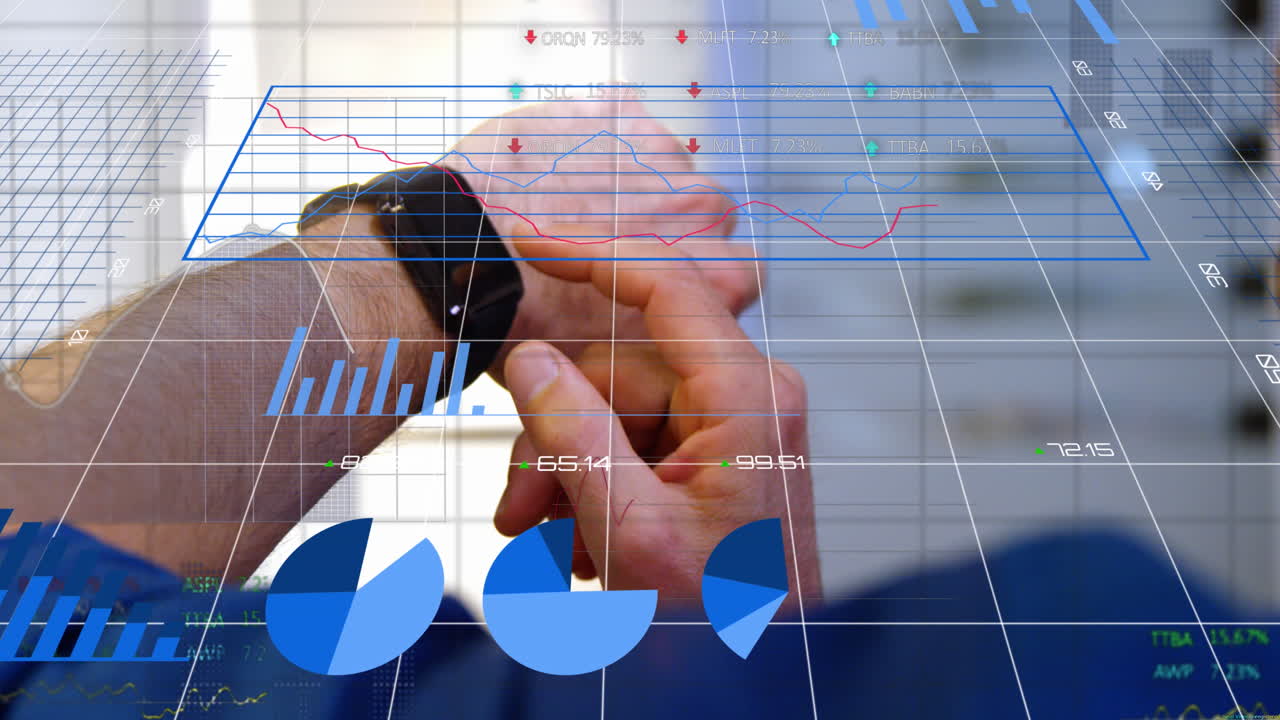 animación del procesamiento de datos financieros sobre un empresario que usa un teléfono inteligente