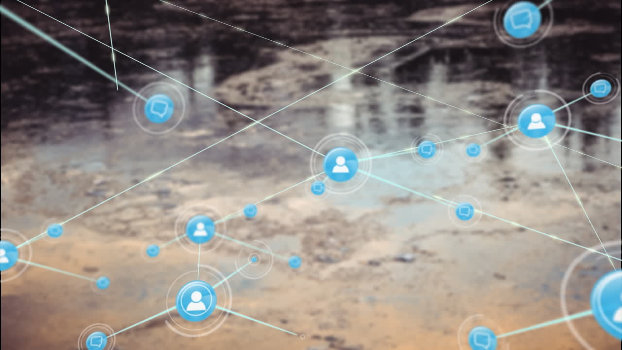 물에서 반사되는 아이콘을 가진 연결 네트워크의 애니메이션