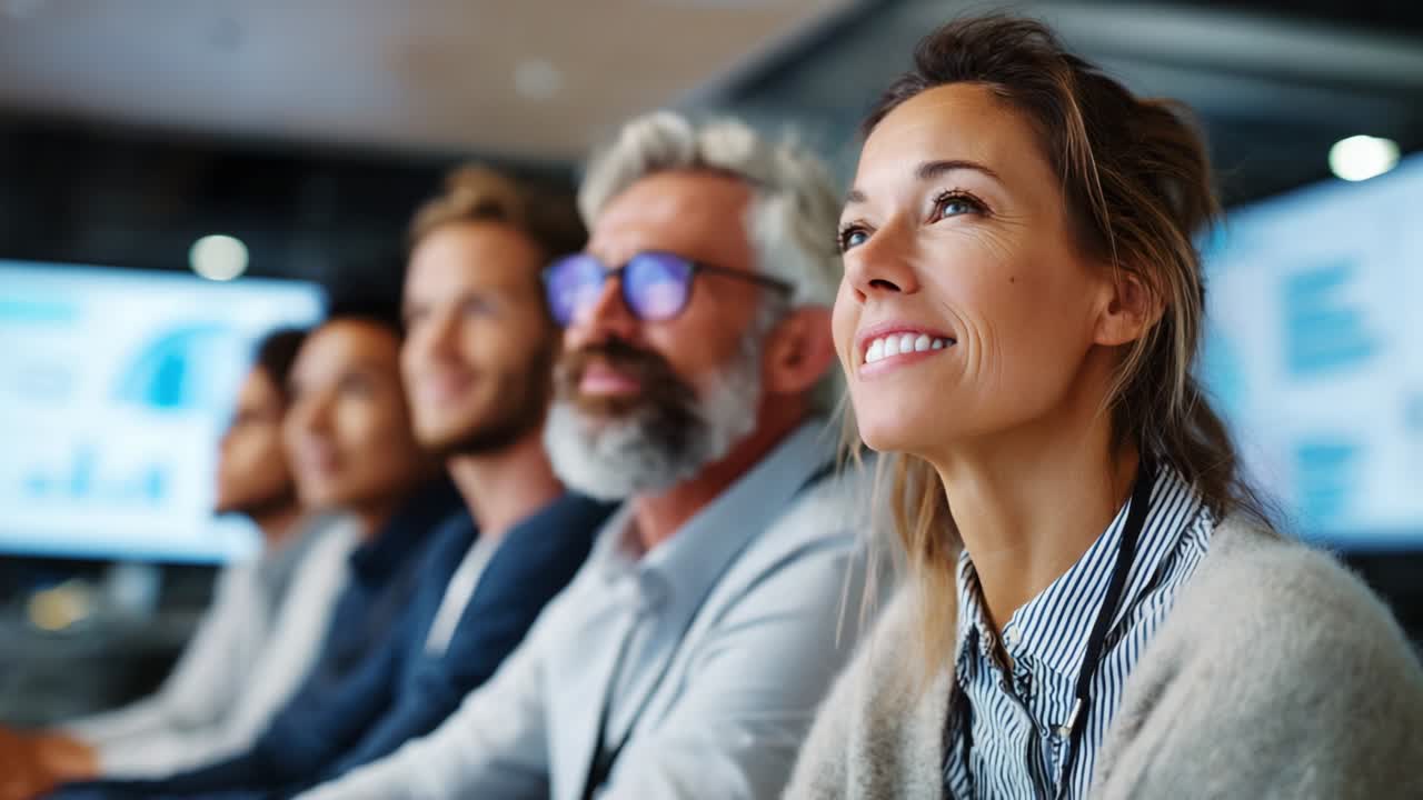 Un gruppo di professionisti coinvolti è concentrato durante una sessione di lavoro collaborativo, mostrando espressioni di soddisfazione e lavoro di team in un ambiente ufficio moderno e ricco di tecnologia