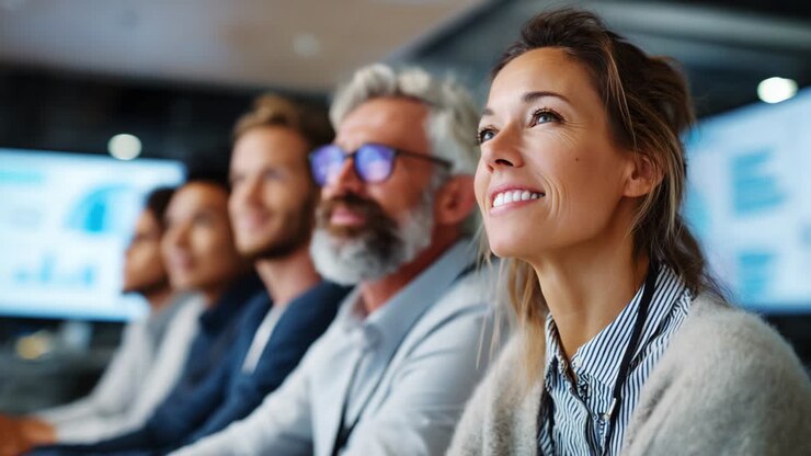Un gruppo di professionisti coinvolti è concentrato durante una sessione di lavoro collaborativo, mostrando espressioni di soddisfazione e lavoro di team in un ambiente ufficio moderno e ricco di tecnologia