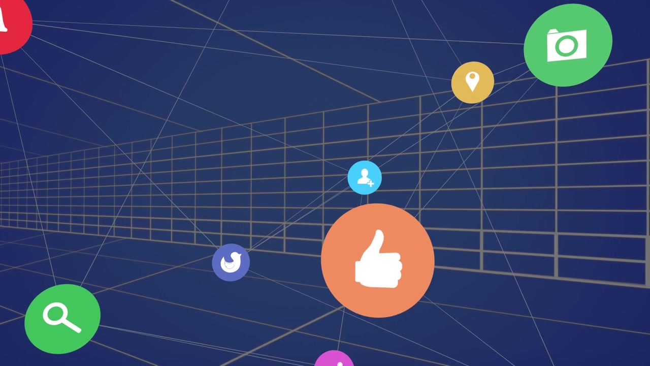 Animation of connections and social media icons floating on navy background