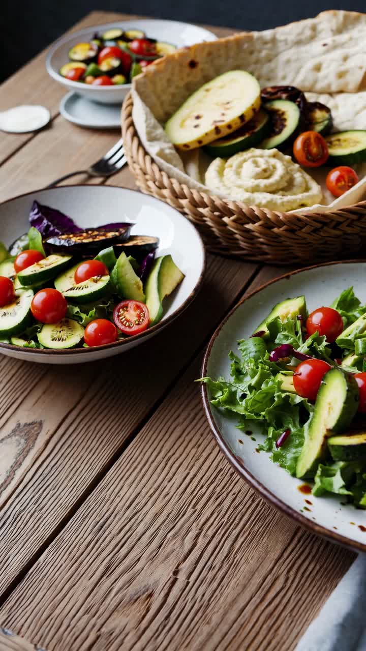 Top-down video shot of a rustic table with vibrant salads and grilled veggies in bowls