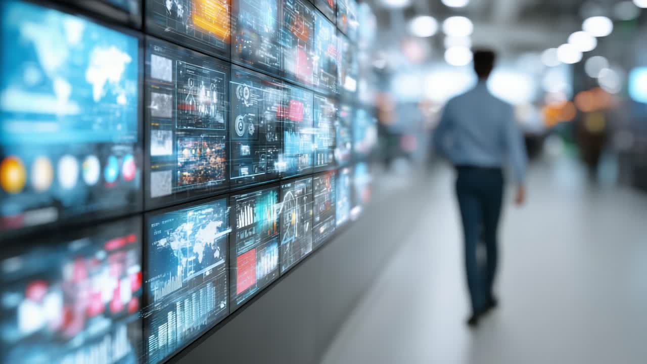 A Professional Strolling Through a High-Tech Data Visualization Space, Engaged with Digital Displays and Analytics in a Modern Environment