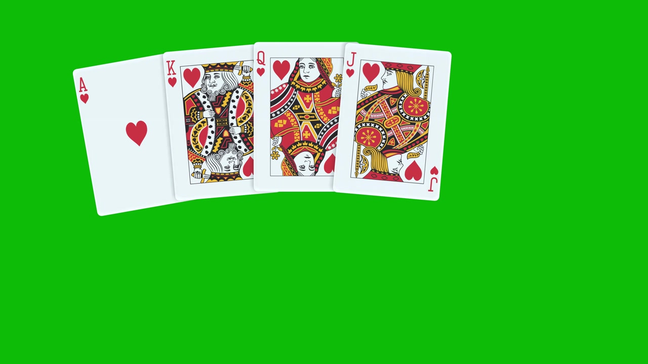 Una mano di poker composta da una scala reale a cuori, con carte lanciate una ad una su animazione 3D su green screen, carte da poker animate, animazione di distribuzione di carte da poker.