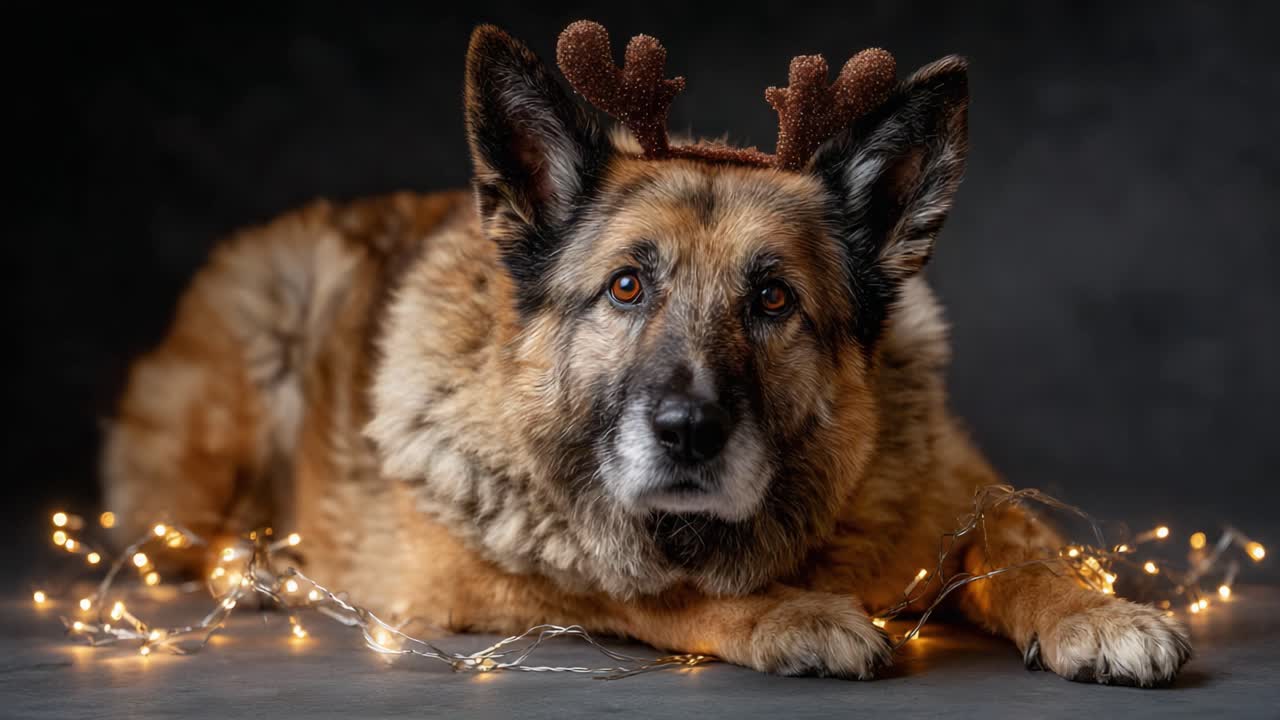 A Charming German Shepherd Dressed in Festive Antlers Surrounded by Twinkling Lights, Capturing the Joy and Warmth of the Holiday Season