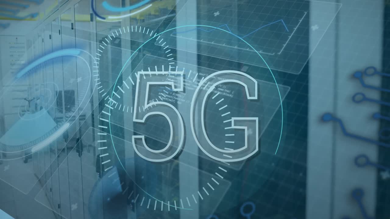animazione della scansione dello scopo con testo 5g sulla stanza del server