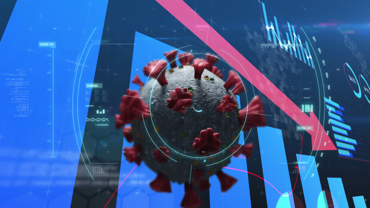 animación de la célula del virus y escaneo de alcance sobre el procesamiento de datos