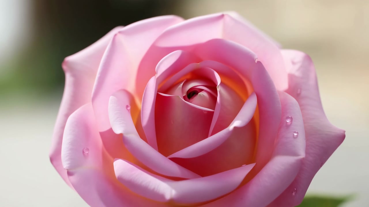 Primo piano di una singola rosa rosa centrata nell'inquadratura, che mostra petali morbidi e una foglia verde su uno sfondo naturale sfocato in una luce diurna delicata.