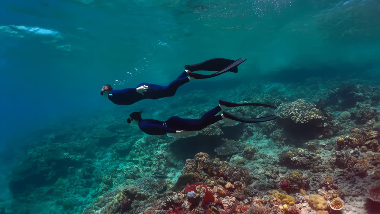 Two Freedivers Exploring a Vibrant Coral Reef Underwater