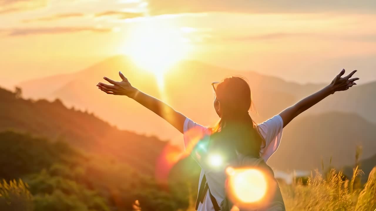 Backlit video shot of a person with arms outstretched towards a sunrise, captured from a low angle