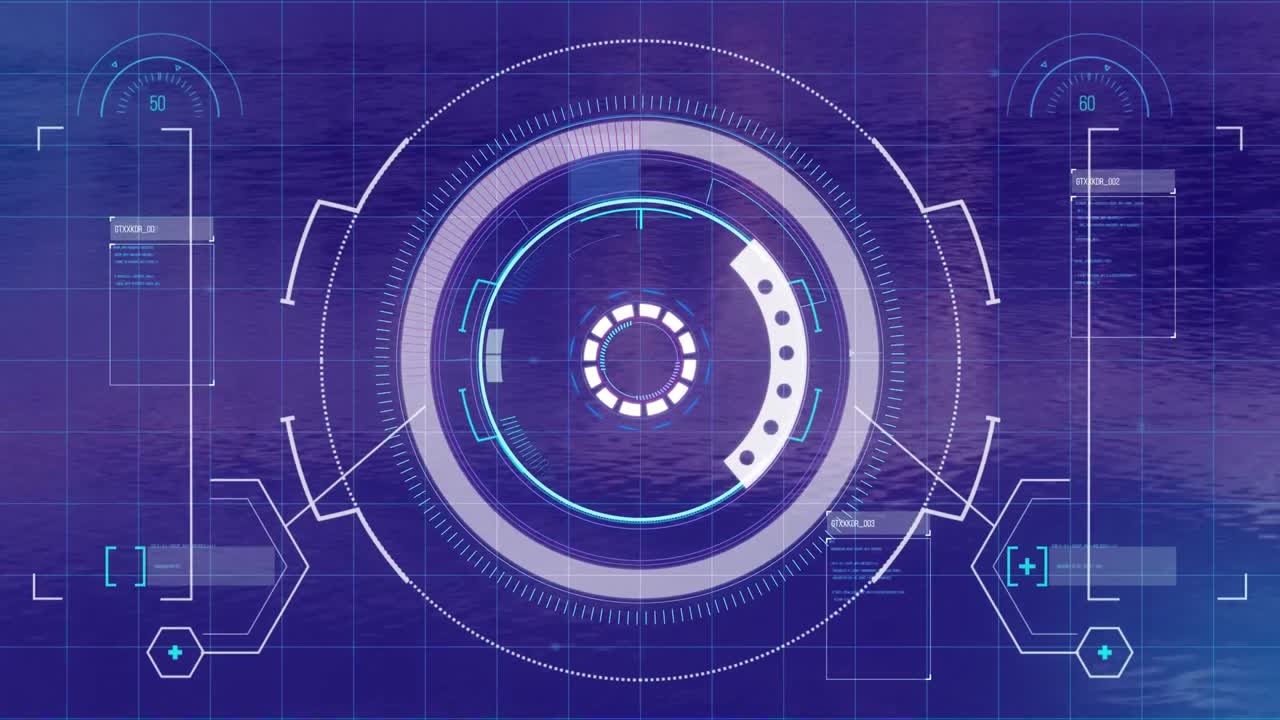 Animation of interface with neon round scanner and data processing against flowing water