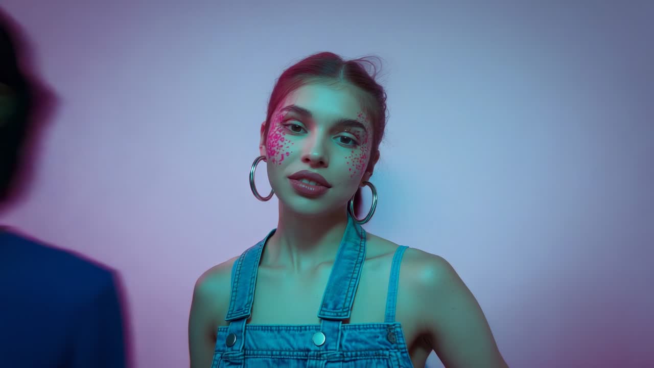 Opening shot showing four models shifting in studio forming triangle under teal magenta lighting