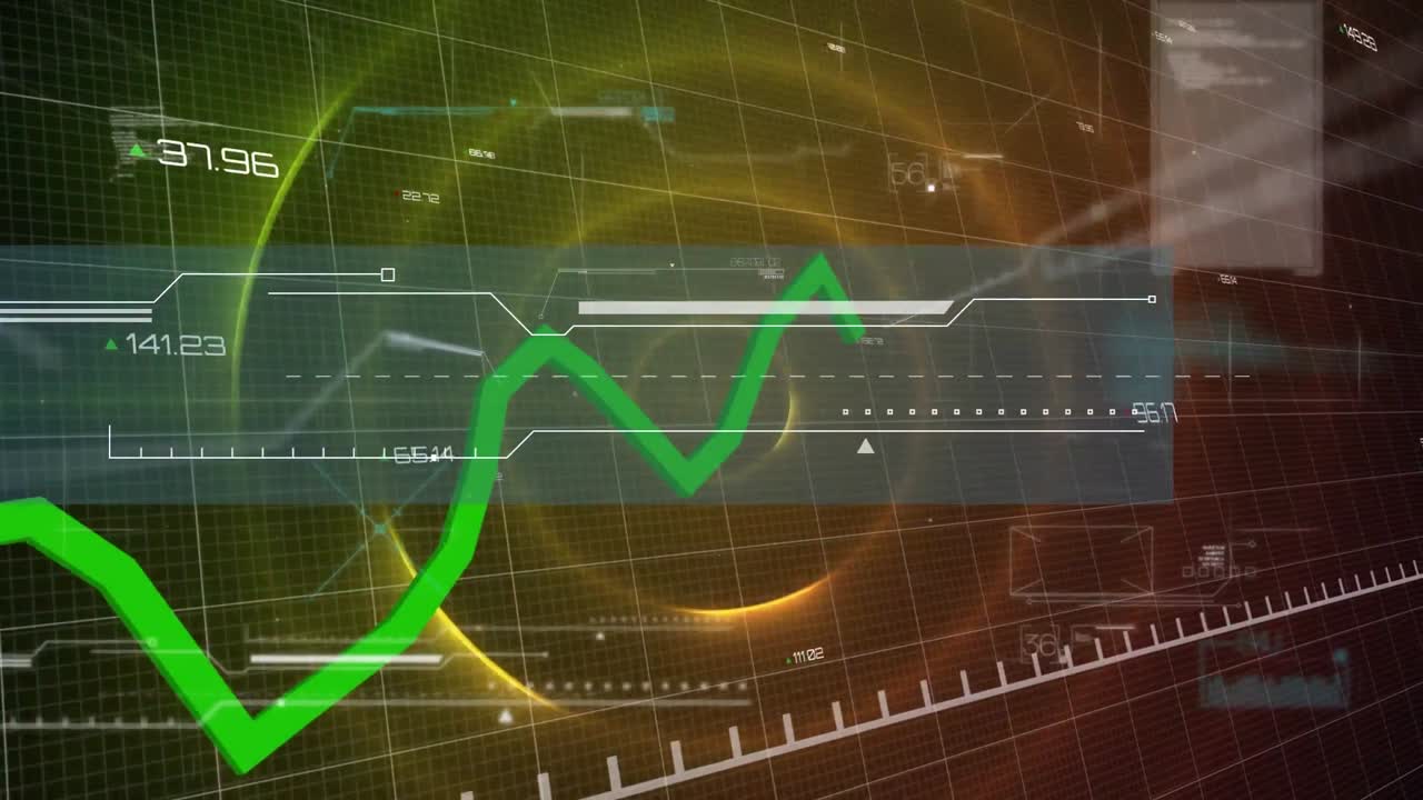 animación de un patrón abstracto con gráfico de líneas y números sobre un patrón circular iluminado