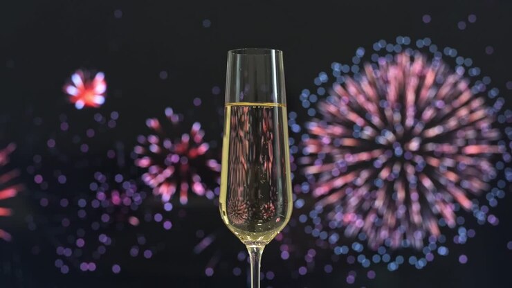 Un singolo calice di champagne riempito di spumante sullo sfondo vivace di fuochi d'artificio vibranti