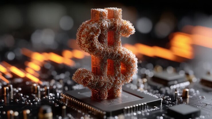 Fantastisk nærbillede af et digitalt dollarsymbol fremstillet af indviklede metalstrukturer, der symboliserer skæringspunktet mellem teknologi og finans på et printkort