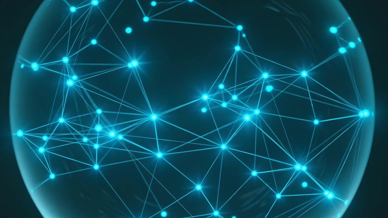 Appearing translucent orb pulsing cyan nodes, shifting lines on teal backdrop showing network