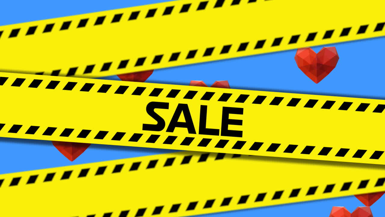 파란색 바탕에 여러 개의 빨간색 심장을 배경으로 판매 텍스트를 가진 노란색 경찰 테이프