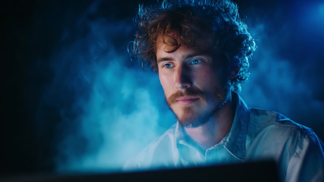 Focused and Contemplative: A Young Man Engaged in Technology Amidst an Ethereal Blue Smoke Background, Displaying Intense Concentration and Interest in His Work, Symbolizing Modern Digital Experience