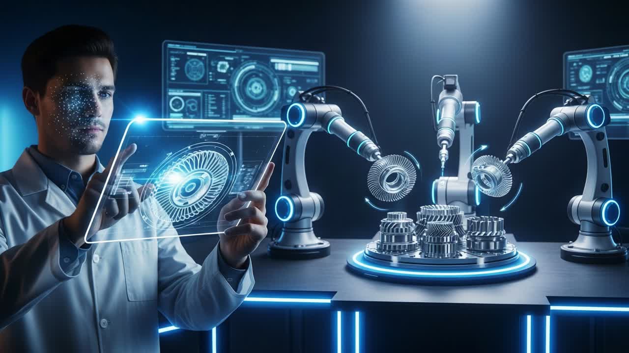 A Futuristic Laboratory Scene Showcasing Advanced Robotics and Artificial Intelligence, Where a Scientist Interacts with Holographic Displays While Overseeing Precision Manufacturing Processes