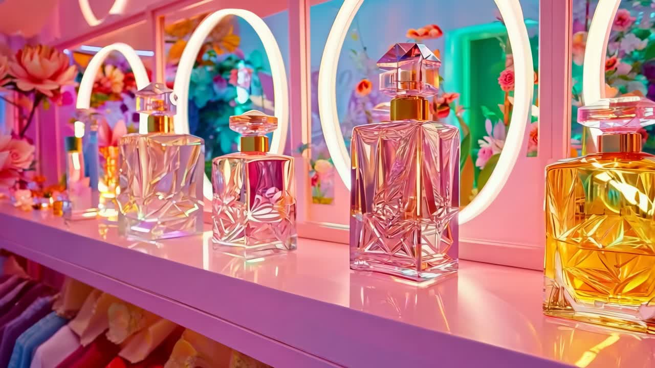 선반 위 에 앉아 있는 향수 병 의 줄