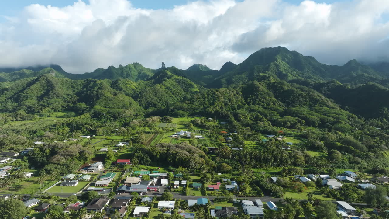 Lush green mountains and rural landscape in Takitumu District, Rarotonga, Cook Islands