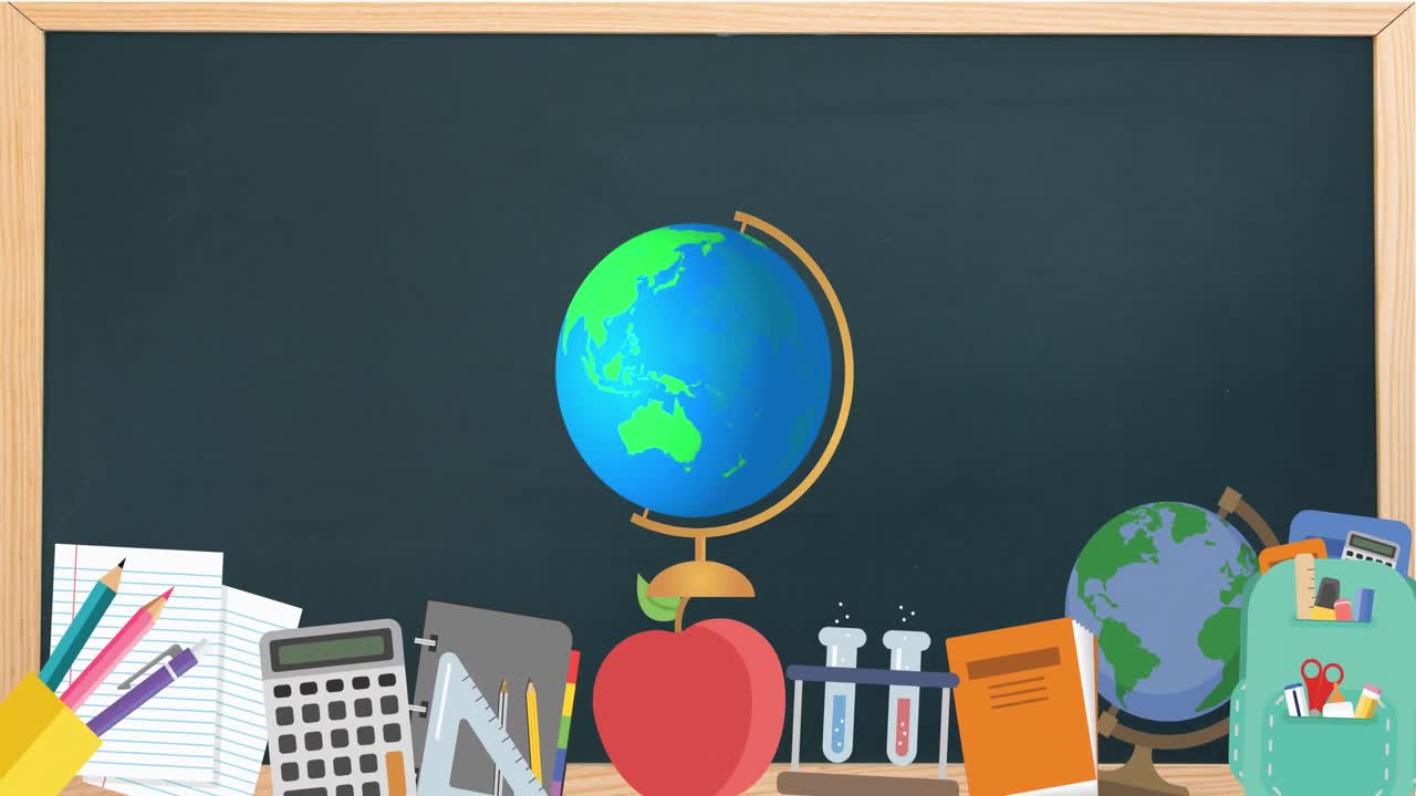 Animasi digital ikon bola dunia berputar di atas beberapa ikon konsep sekolah di papan tulis hitam