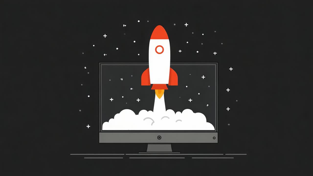 Rocket Launching from Computer Screen Against a Starry Background: An Illustration of Digital Innovation and Space Exploration Themes
