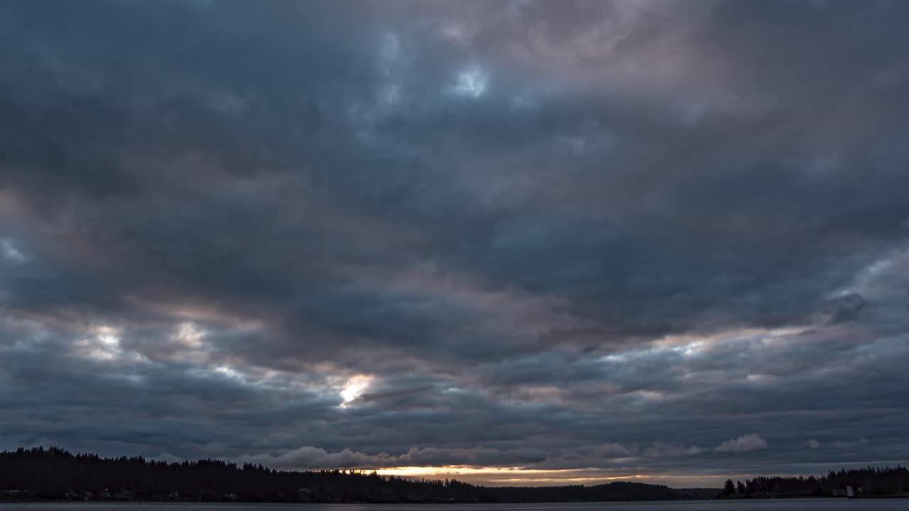 Rushing time lapse clouds of post apocalyptic sky over dark ominous waters, Dolly out pan left