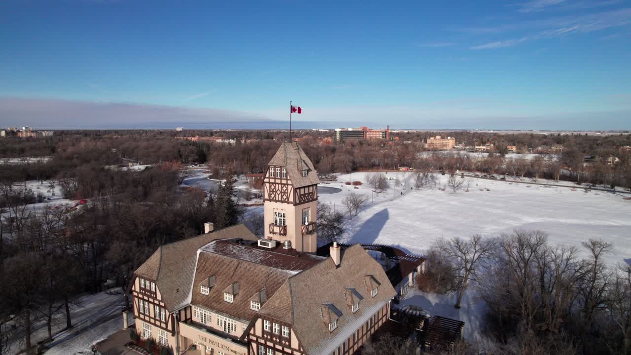 Winnipeg's Assiniboine Park pavilion in winter, 4K aerial