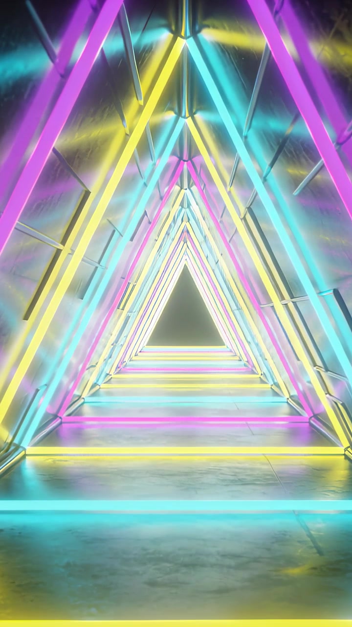 Video verticale: Telecamera in movimento in un tunnel triangolare, che mostra neon pulsanti e montanti per la profondità.