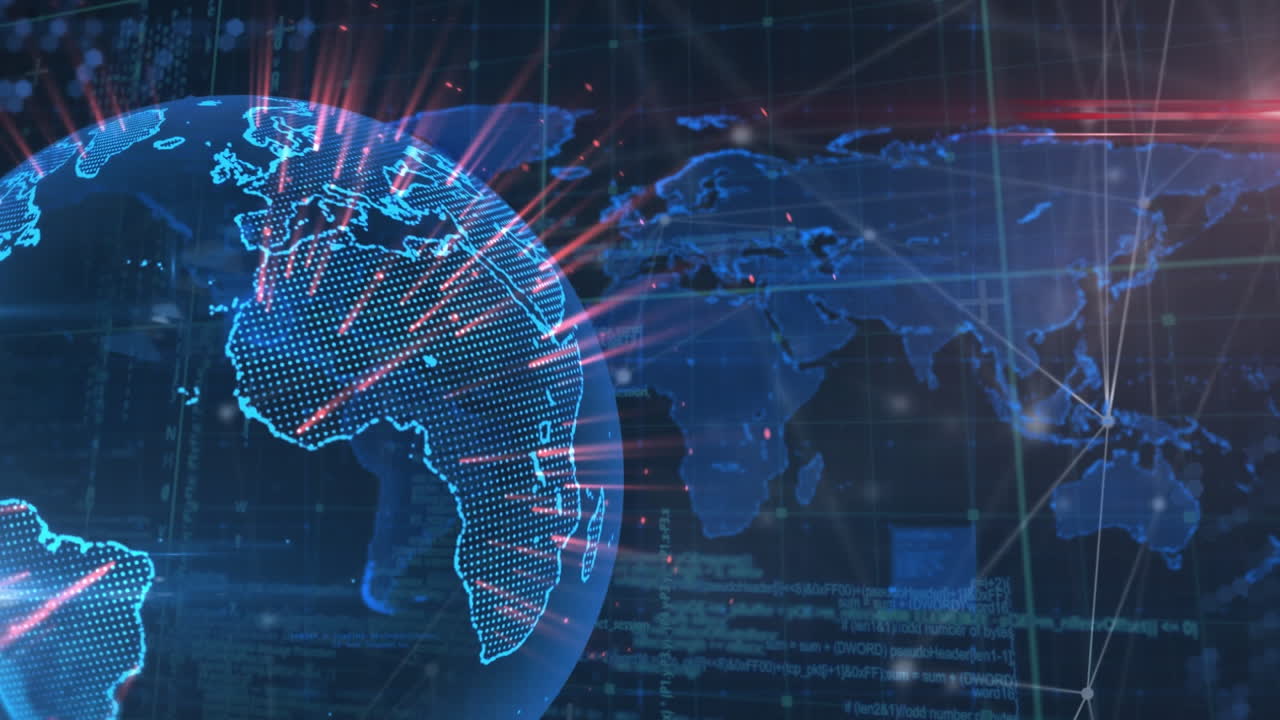 Animation of connected dots over rotating globe over map, lens flares and programming language