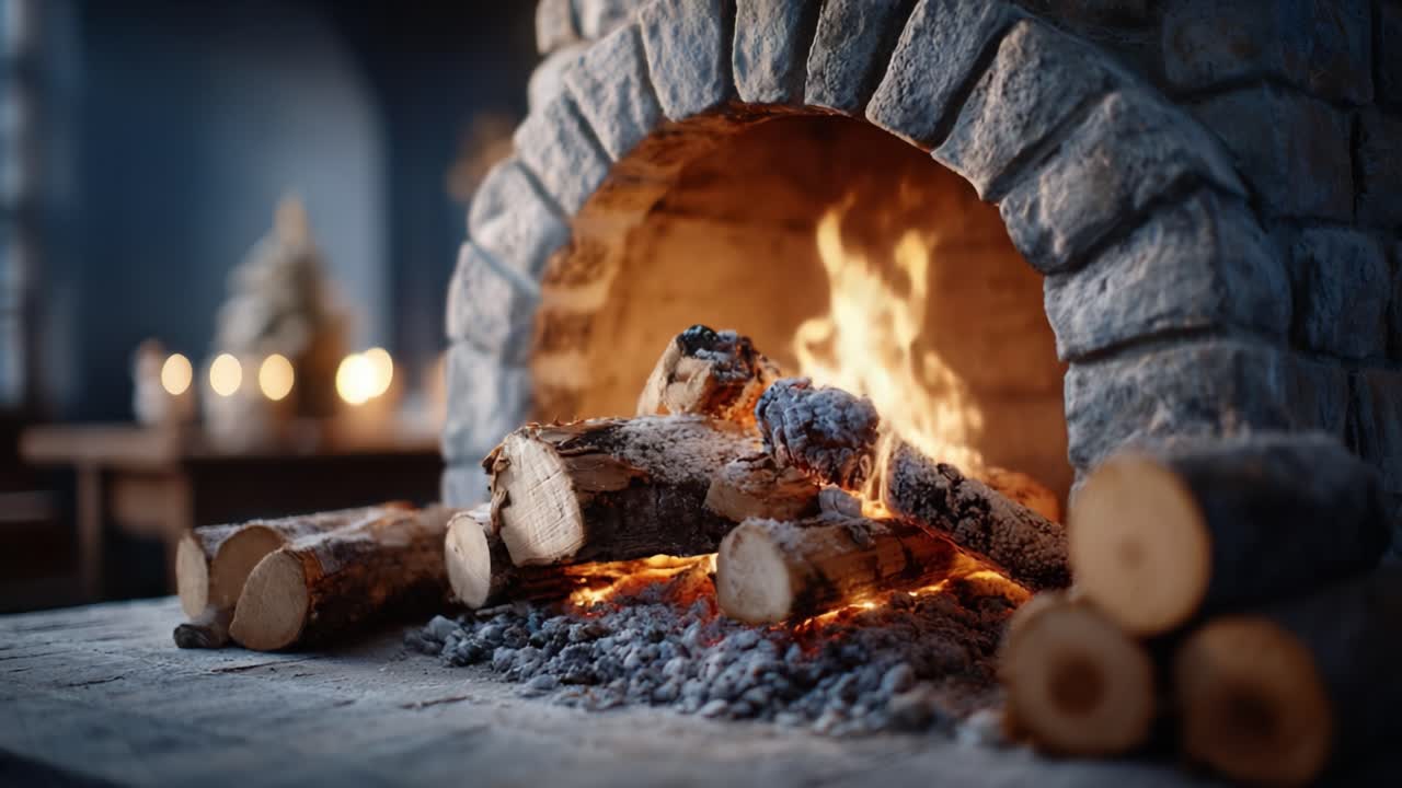 Captivating Flames Dance in a Rustic Stone Fireplace, Creating a Cozy and Warm Atmosphere Perfect for Relaxation and Comfort During Chilly Evenings