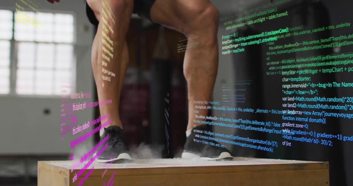 Jumping blue-tee man crouching, arm-driving, landing on plyo box at gym, conditioning, code overlay