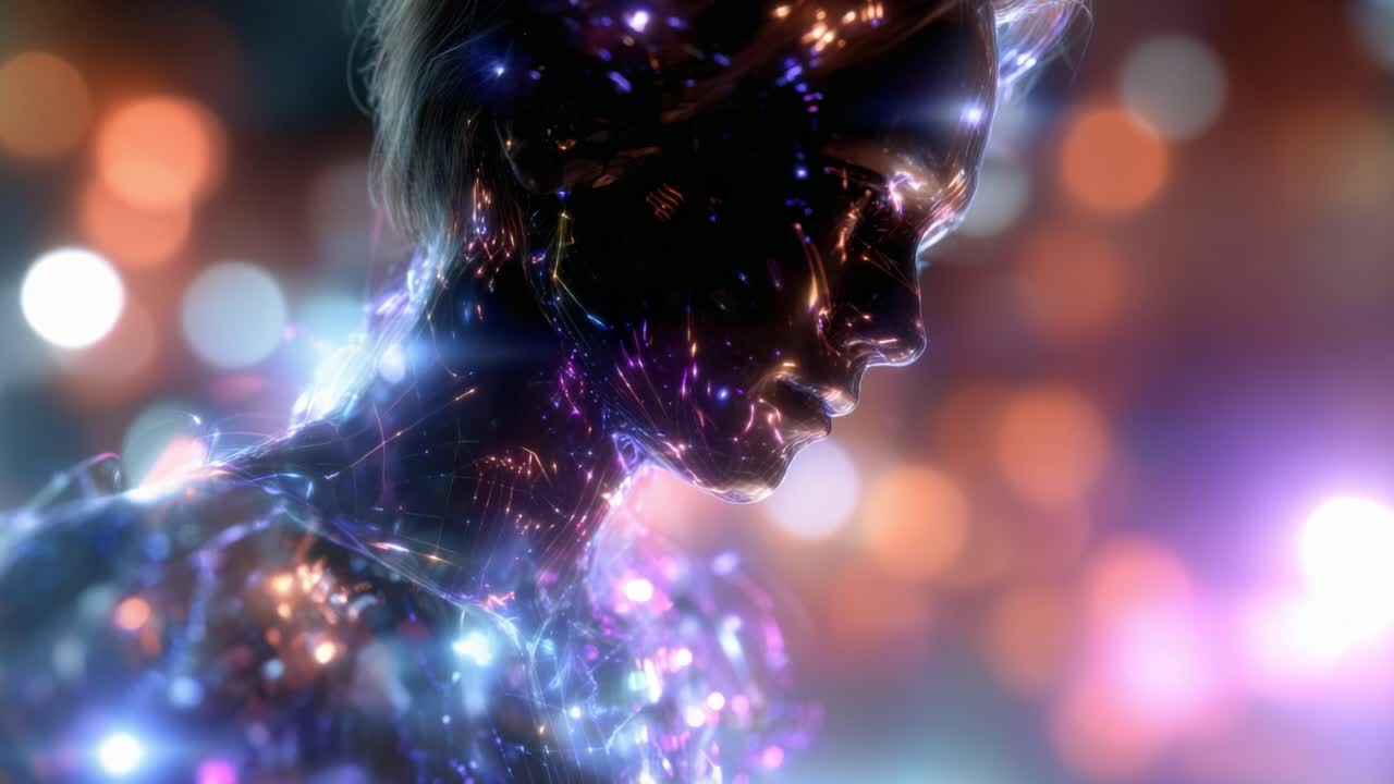 Figura Cosmica Illuminata in un Regno Surreale di Colori e Luce: Un Viaggio nella Bellezza Digitale che Rappresenta l'Intersezione tra Umanità e Tecnologia