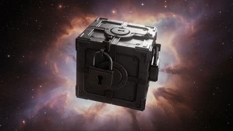 a mysterious lockbox set against a cosmic background, capturing the essence of intrigue and the unknown in an otherworldly space environment