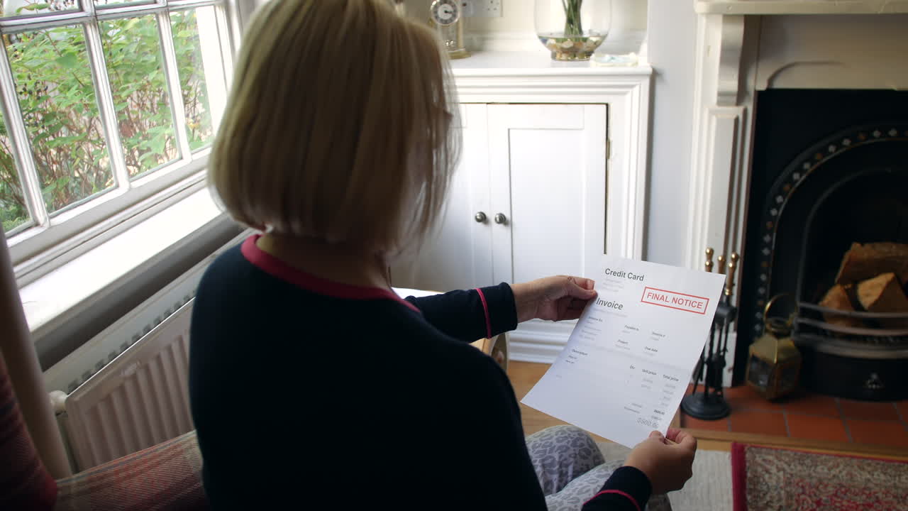 una anciana irreconocible preocupada por las deudas abriendo una carta de deuda