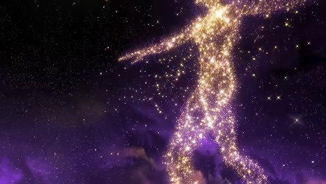 luminous golden particles coalescing into dancing female silhouette, progressively moving closer against dark cosmic background, revealing ethereal motion and mystical transformation