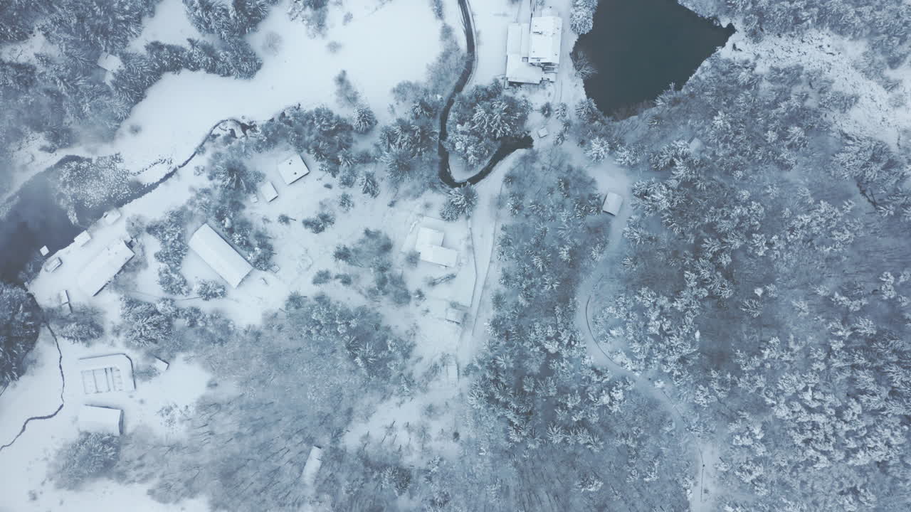 나무, 집, 강 이 있는 은 겨울 풍경 의 눈 인 공중 풍경