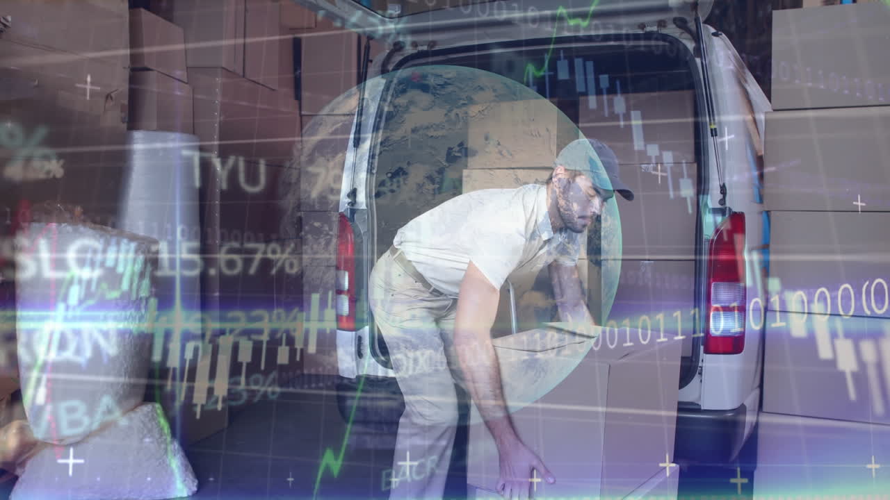 la animación representa la distribución de negocios globales en medio de la covid-19 con datos e imágenes del globo.