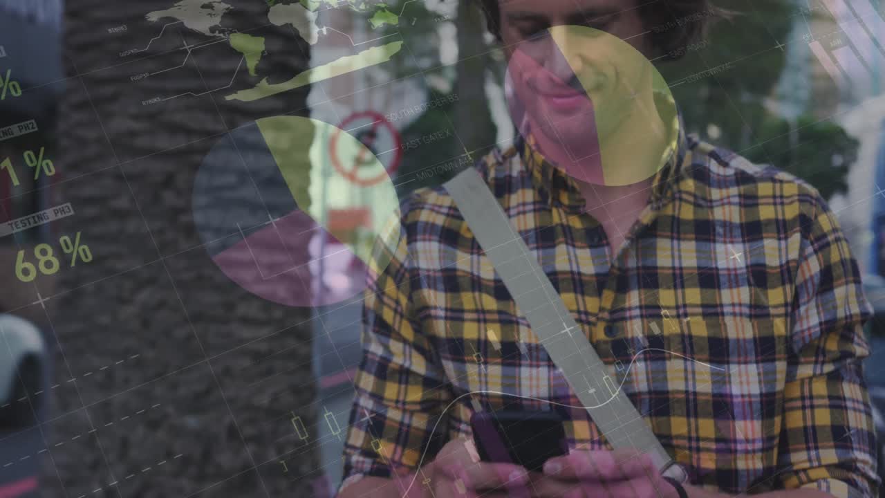 Animazione di interfaccia infografica su uomo caucasico con bicicletta che usa il cellulare.