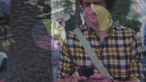 animation of infographic interface over caucasian man with bicycle using cellphone